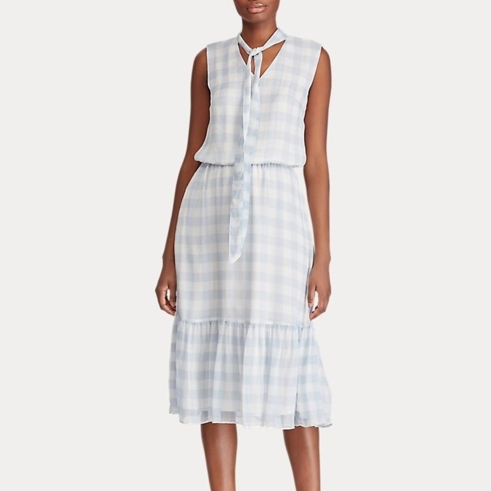 Lauren Ralph Lauren Light Blue Gingham Tie-Neck Ruffle Midi Dress Size 12 Spring